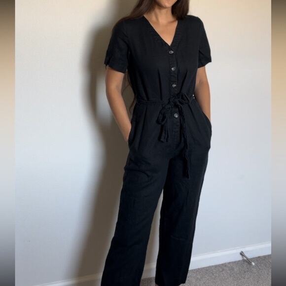 Everlane Sz 8 100% Linen Jumpsuit Button Accent Waist Tie Women’s Nice! - Picture 1 of 8
